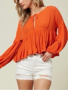 O'Neill Orange Peasant Tie-Front Blouse